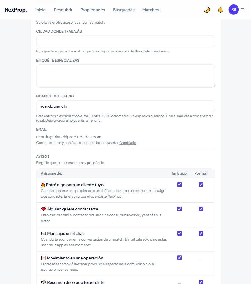 La tabla de avisos, en Mi perfil. Una fila por evento y dos columnas.