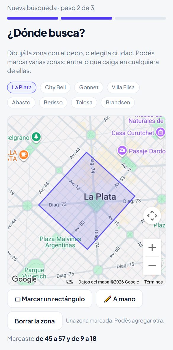 El segundo paso: el mapa con una zona marcada sobre el centro de La Plata y debajo el texto Marcaste de 45 a 57 y de 9 a 18.
