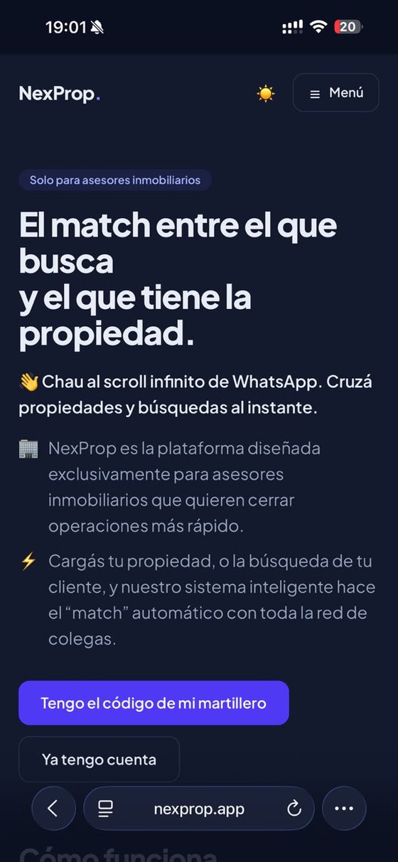 La página de NexProp abierta en el navegador del iPhone.