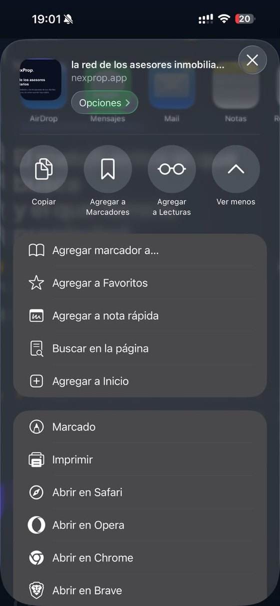 El panel de compartir del iPhone, con la opción Agregar a Inicio.